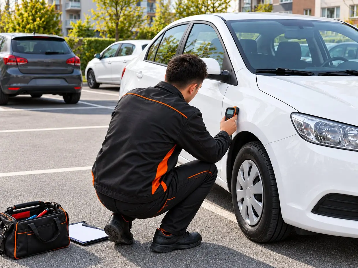 Uzman, otoparktaki aracı boya kalınlık ölçerle yerinde kontrol ediyor