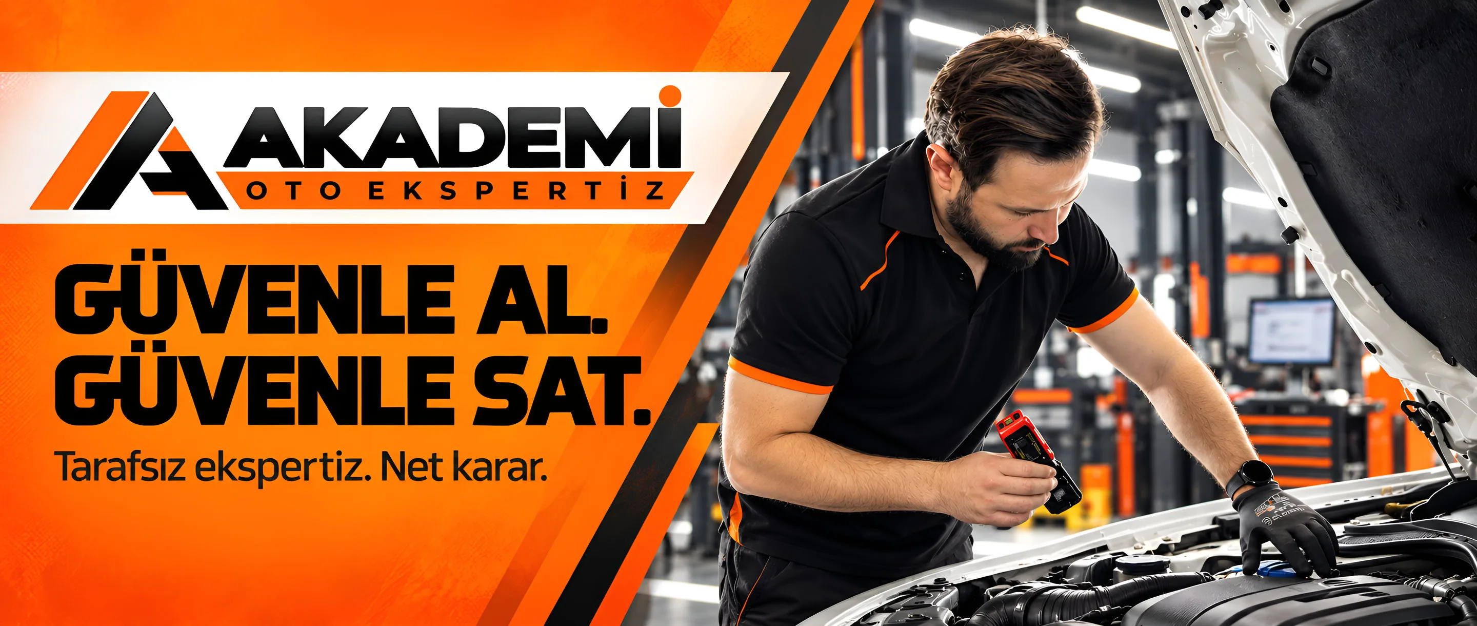 Güvenle al. Güvenle sat. Tarafsız ekspertiz, net karar. Akademi Oto Ekspertiz uzmanı açık kaputta motoru cihazla kontrol ediyor