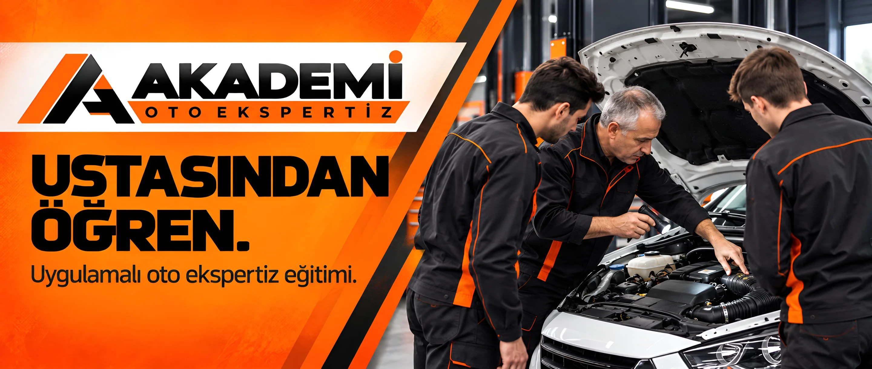 Ustasından öğren. Uygulamalı oto ekspertiz eğitimi. Usta eğitmen kursiyerlere açık kaputta motor kontrolünü gösteriyor